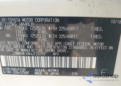 2017 Toyota Rav4 Xle z USA, uszkodzony, nr VIN JTMRFREVXHJ123793